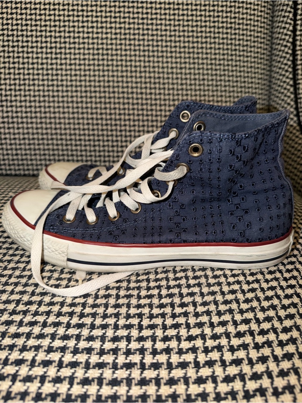 Converse Navy Eyelet High-Tops with White Laces and Red Trim